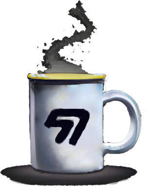 A graffiti-style illustration of a steaming coffee mug with the Supertron logo mark